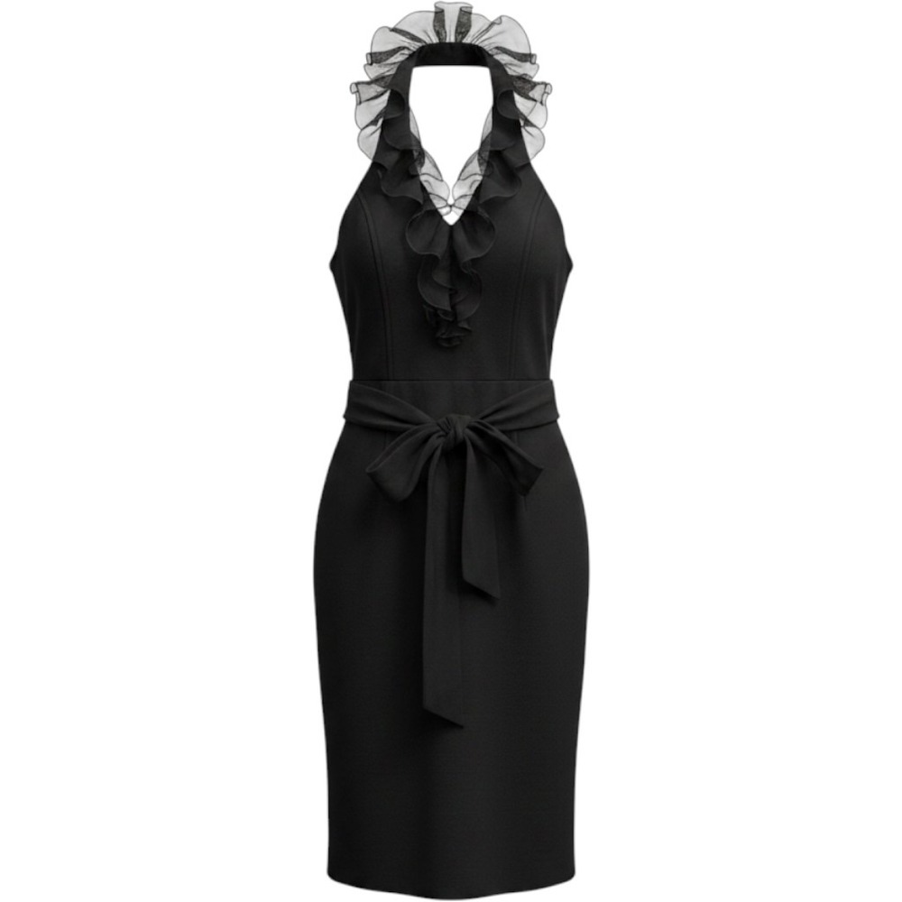 Shani Black Halter Ruffle Neck Cocktail Sheath Dress Polka Dot Silk Lining 2